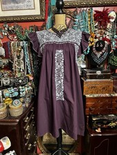 Mexican Oaxaca Ruffle Dress In Maroon   With Gray Embroidery  Crochet M/L
