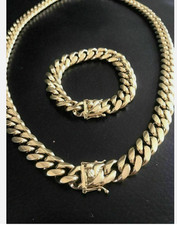 10mm Mens Miami Cuban Link Bracelet  Chain Set 14k Gold Plated Stainless Steel