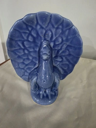 Vintage McCoy USA Blue Pottery Wall Pocket Planter Peacock MCM