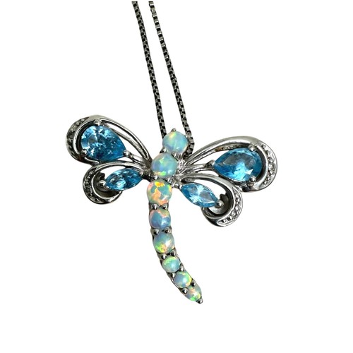 925 Sterling Silver Dragonfly Natural Blue Topaz Opal Pendant Necklace 10 in L - Picture 3 of 6