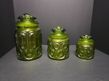 L.E. Smith "Moon & Stars" Green Glass Canister Set (3) With Lids Vintage 1960s-7