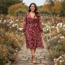 Time and Tru Plus Size XXXL 22 Burgundy Floral Faux Wrap Midi Dress Boho Ruffle