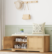Rattan Shoe Storage Bench with Cushion, 39.4" Wide Entryway Bench with Adjustabl
