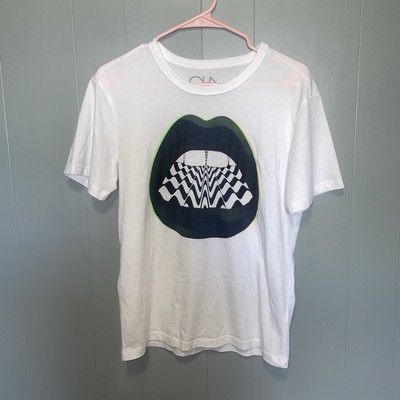 Chaser Jersey 80s Lips Tee Shirt in White and Black with Neon Green Size XS