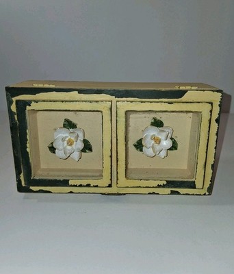 Decorative Box Rustic Wooden. Flowers Look Ceramic.  2.5''× 7''× 4''