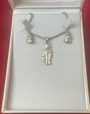 Vintage Art Deco Style Sterling Silver figural Cat Necklace Set 50s-60s All 925