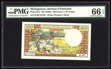 Madagascar 100 Francs 1966 P57 PMG Gem Uncirculated 66 EPQ Serial no K.60 01249