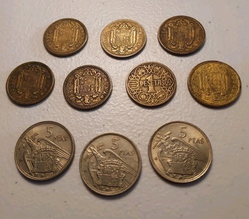 Spain 10 Coins from 1944 to 1957 (1 and 5 Pesetas Lot) - Picture 2 of 2