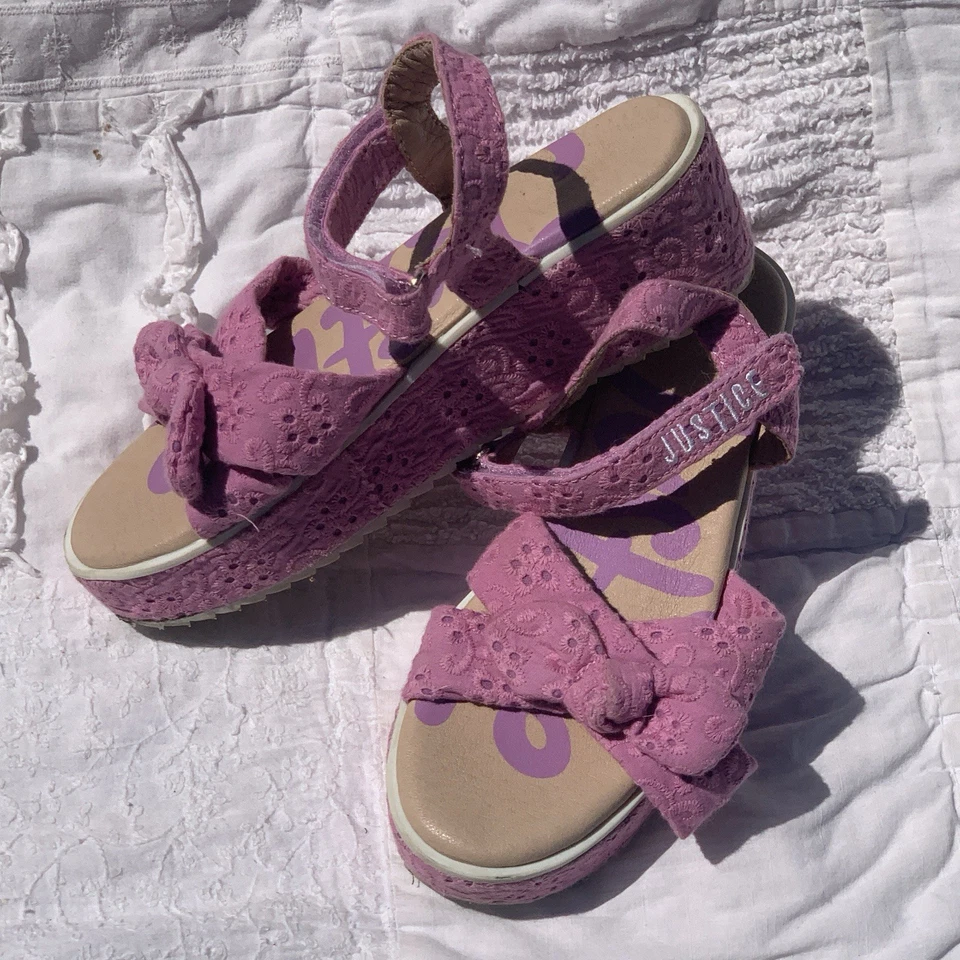 Sandalias Justice Rosa Púrpura Correas Plataforma Talla 2 Niñas Zapatos Ojales Encaje Foto 3 de 4
