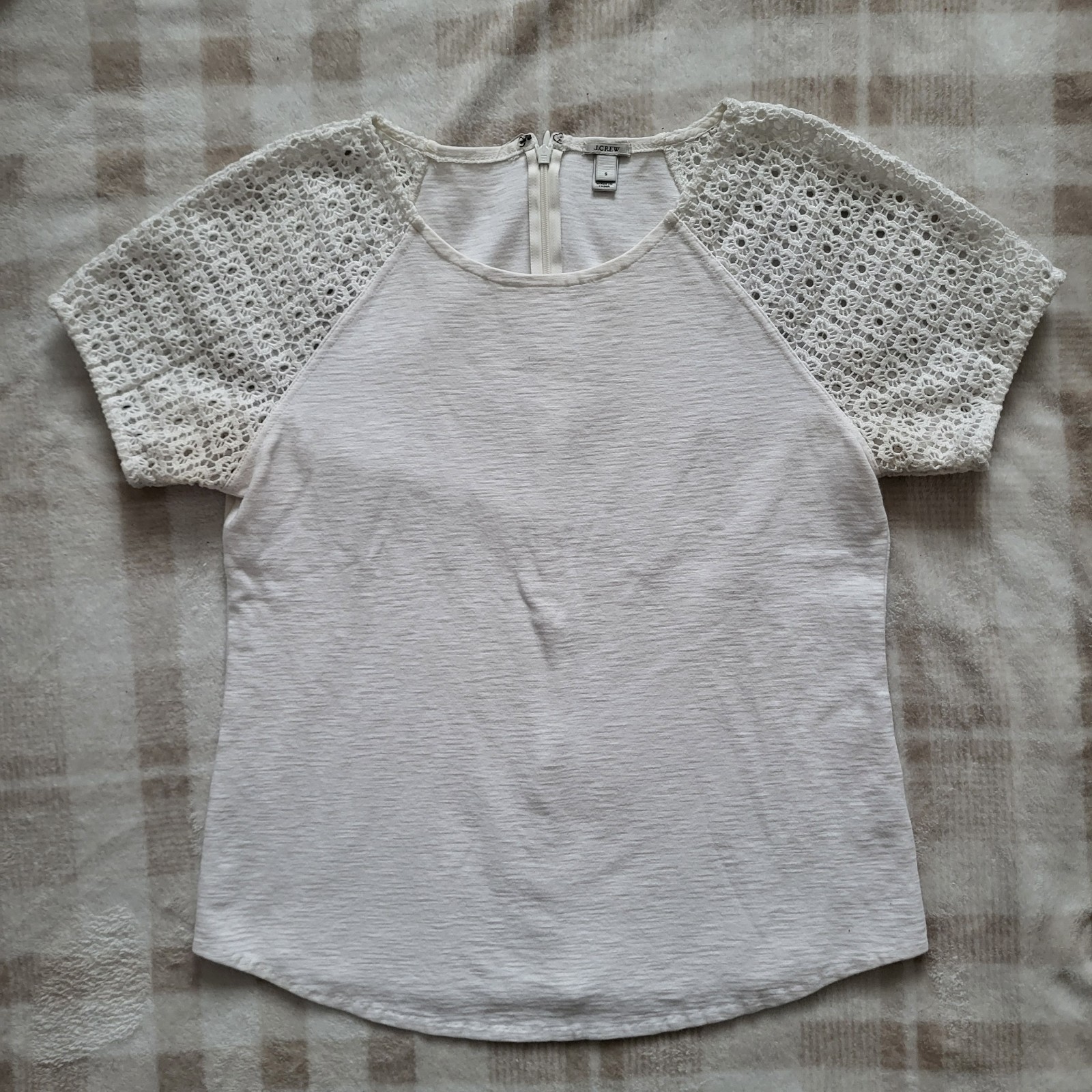 J.Crew Women's S Short Sleeve Top Ivory Lace Eyelet Sleeve