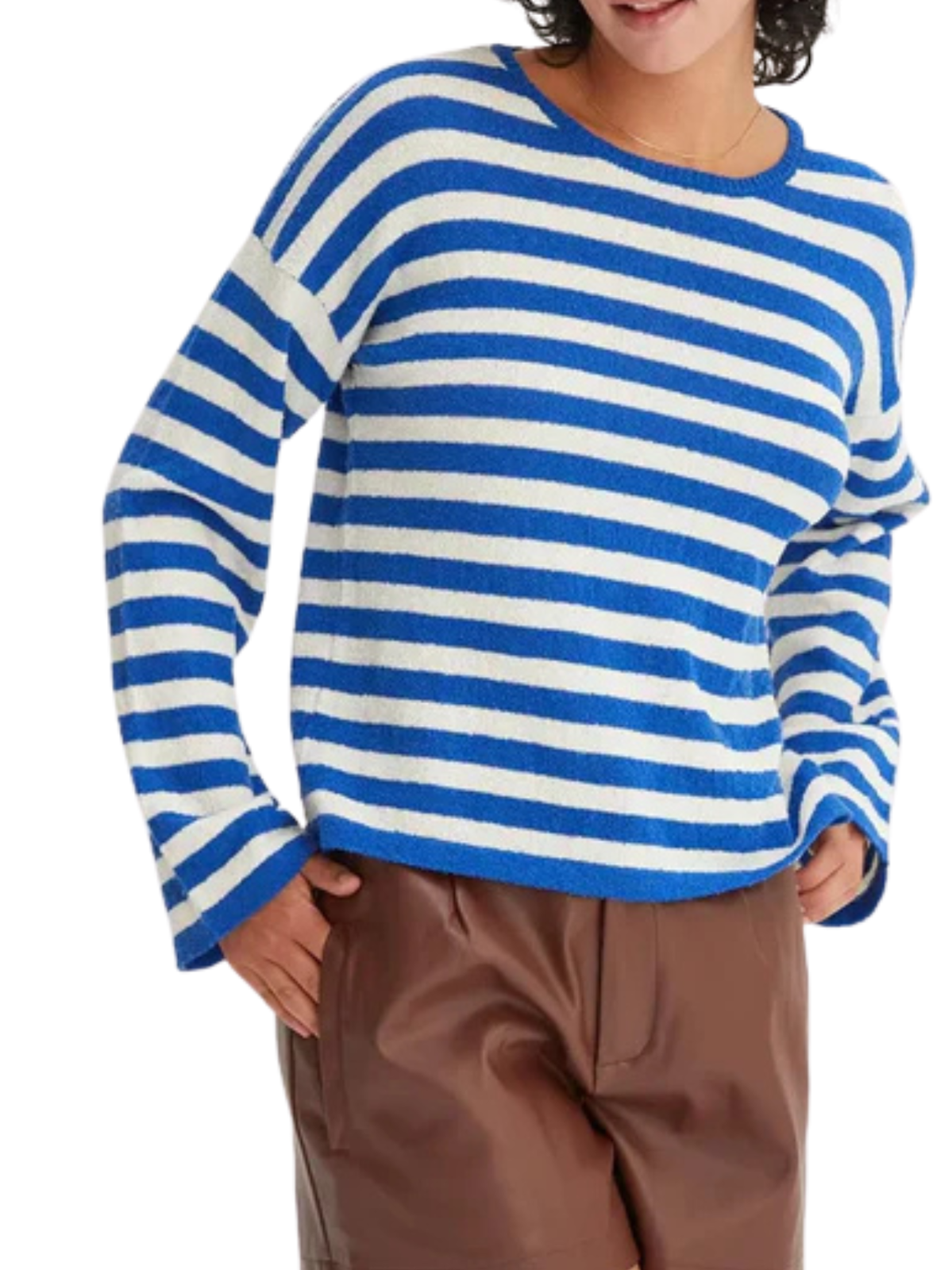 Women's Ivory/Blue Horizontal Stripes Long Sleeve Sweater, (Large)