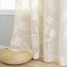 Semi-Sheer Beige Lace Curtains for Bedroom 90 inch Long Country Chic Rose Floral