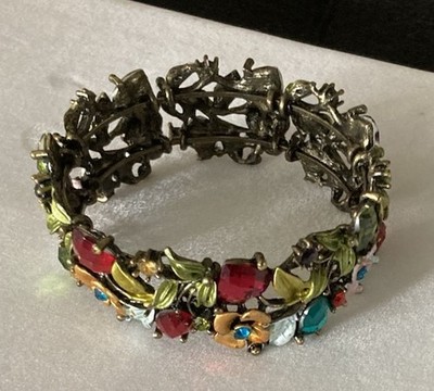 Gorgeous Multi-color Rhinestone & Enamel Floral Clamp Bracelet 1  #33