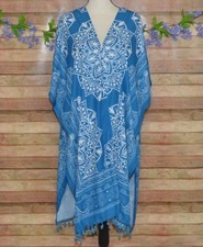 Blue Floral Print Kimono Open Front Beach Cover Up Lightweight One Size