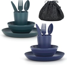 Camping Mess Kit 2 W/ Bowl Plate Cup Spoon Fork Knife  Carry Bag Plastic