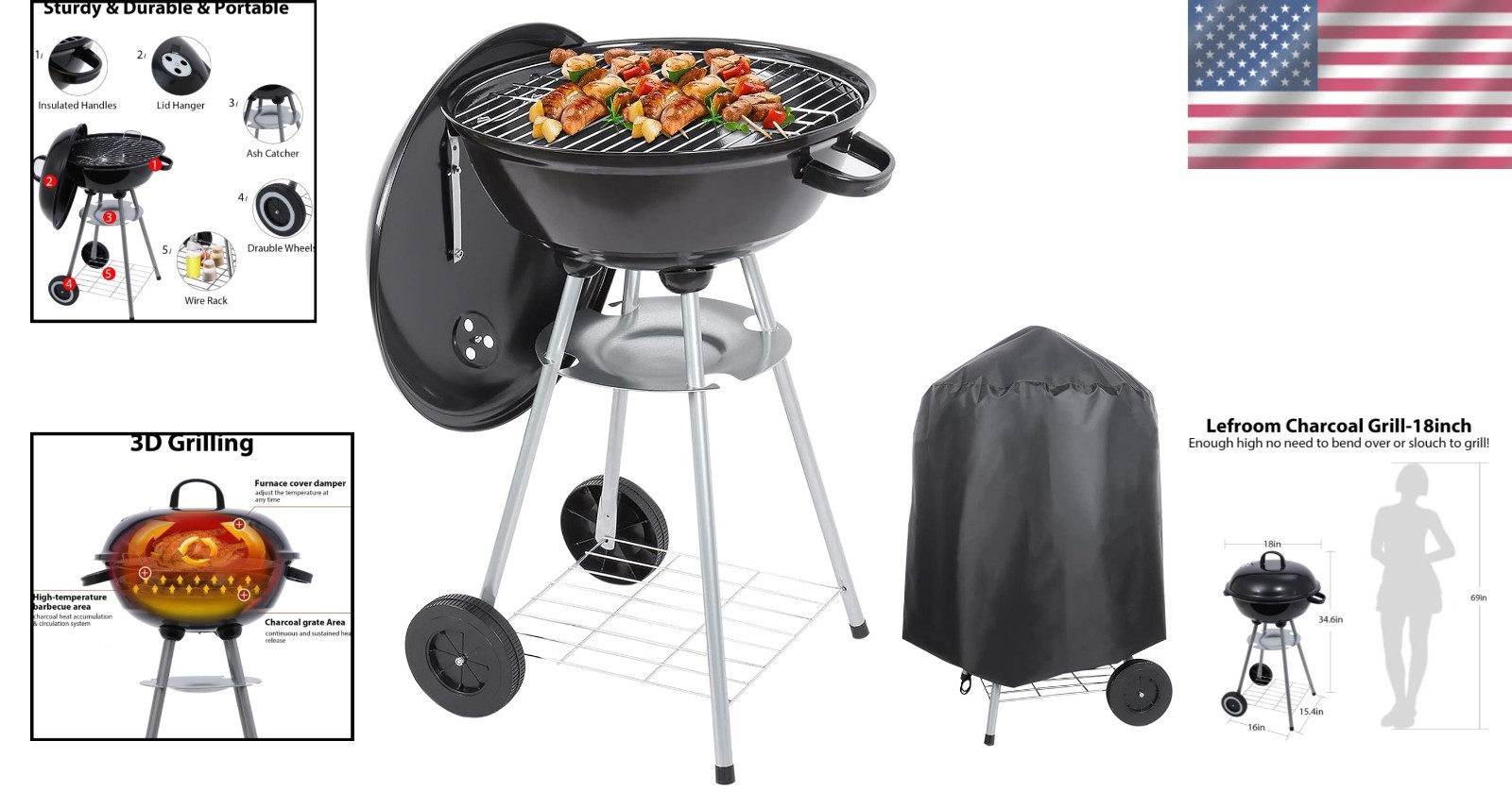 Portable 18" Charcoal BBQ Grill with Waterproof Cover