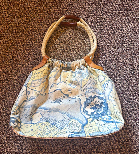 Fossil Beige Blue Map Print Handbag, Magnetic Closure, Rope/Leather Handle