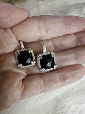 Judith Ripka Faceted Black Onyx Sterling .925 Halo Cz Leverback Earrings Worn 1x