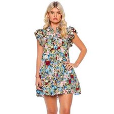 Alice + Olivia Meeko Breeze Floral Ruffled Mini Dress Button Down Size 6