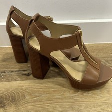 MICHAEL KORS BROWN LEATHER ZIP FRONT PLATFORM SANDALS PUMPS SIZE 7M