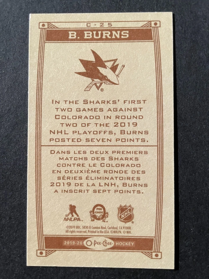 Brent BURNS 2019-20 O-Pee-Chee Caramel Mini Hockey #C-25 San Jose Sharks - Image 2 of 2