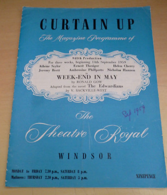 Jeremy Brett Week-End In May Windsor Theatre Royal Programme 1959 Pre London