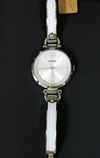 NEW FOSSIL SILVER TONE S/STEEL+WHITE LEATHER INLAY BANGLE BAND WATCH ES3259