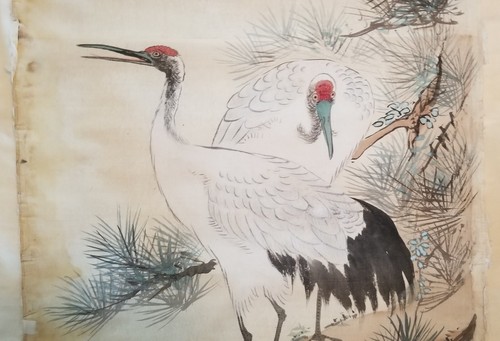 VTG. JAPANESE CHINESE ASIAN LANDSCAPE STORK CRANE HANGING SILK SCROLL PAINTING - Picture 5 of 10