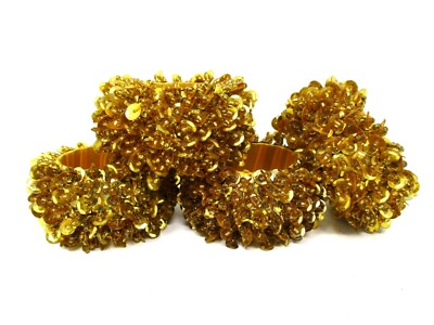 Napkin Rings Gold Sequins Beaded set of 4 fancy party ornated holiday Christmas