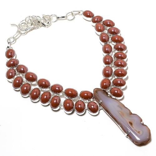 Collier En Argent Sterling 925 Avec Jaspe Cornaline Naturel - Longueur 20,5 Pouces - Fait Main - Neuf