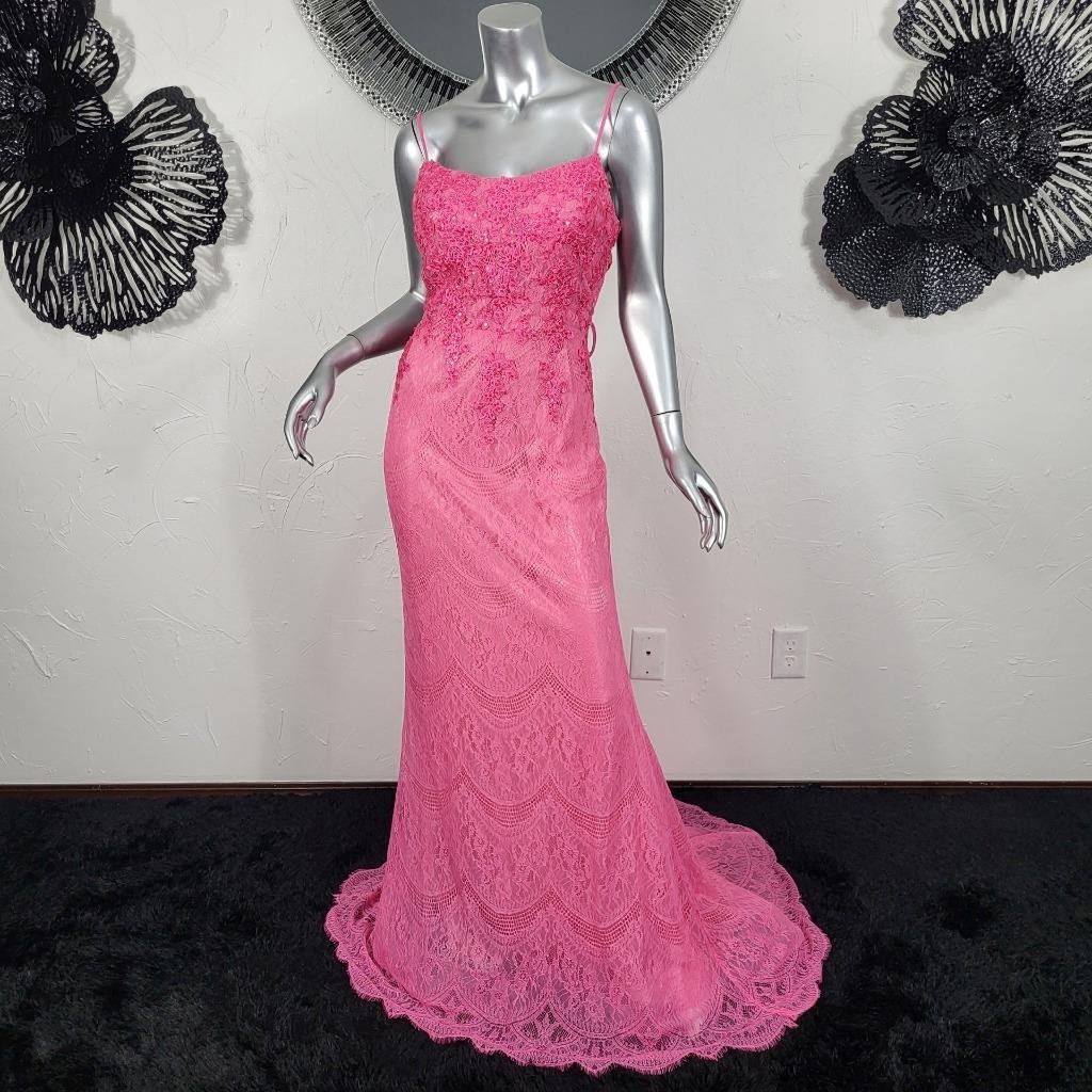 NWT~$410~MORRELL MAXIE~SZ 10~PINK EMBROIDERED LACE SEQUIN PROM EVENING DRESS