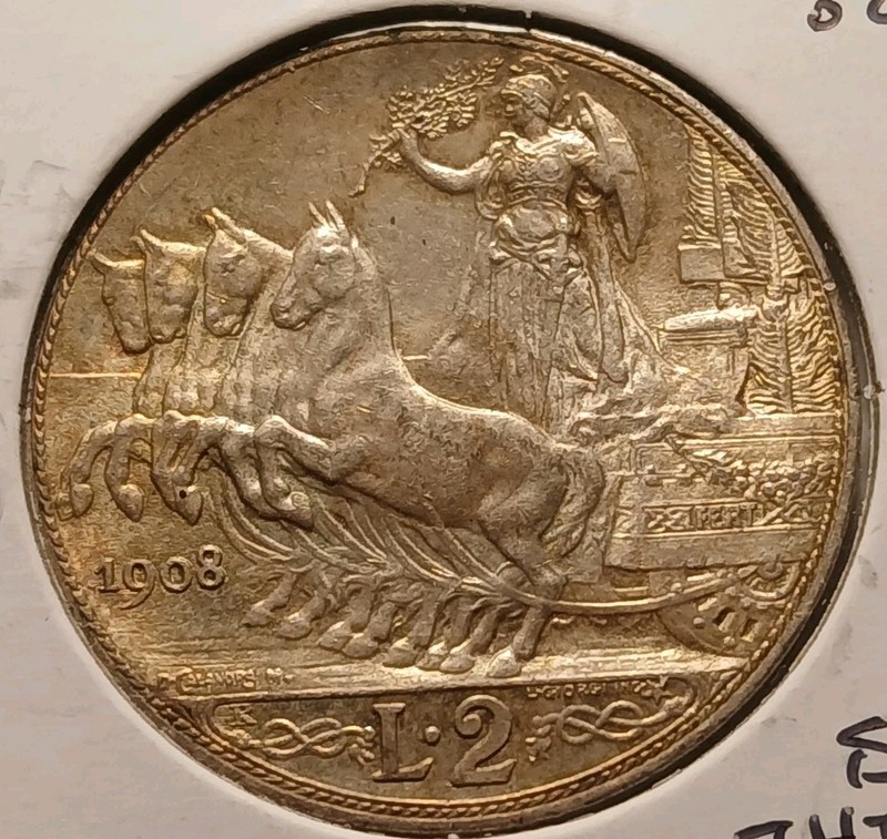 1908-R Italy Silver 2 Lire AU/Unc *Scarce this Nice!* 
