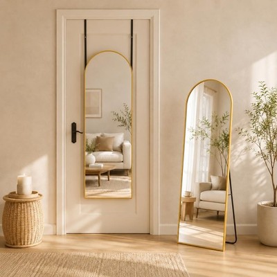 Full Length Mirror with Stand, 56''x14'' Arched Full Body Mirror, Large Stand U...
