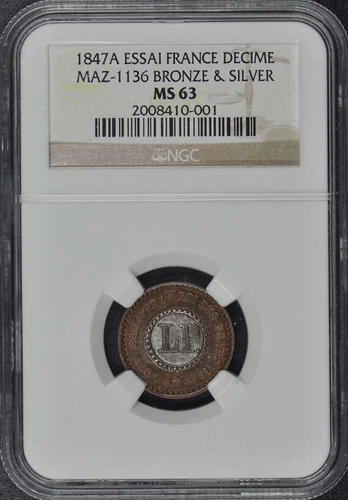 1847 France Essai 1DEC Maz-1136 NGC MS63