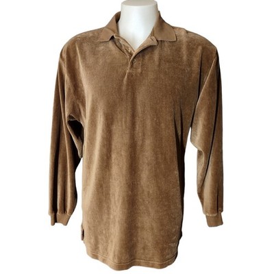 Unbranded Corduroy Velour Polo Shirt Medium Mens Retro Y2K Cabin Core Brown LS