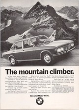 BMW Print Ad 1970 Vintage Mountain Climber Alpine Car Sedan Black White