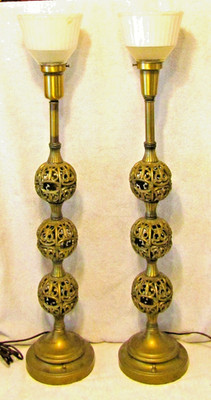 Vintage Pair Stiffel Reticulated Three Ball Tall Buffet Lamps Milk Glass Shades