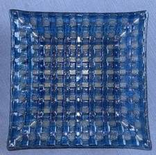 Square Blue Basket Weave Fused Art Glass Salad Dessert Plate, Set of 8
