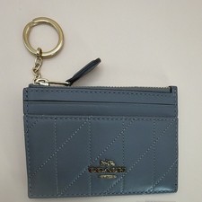 Coach Quilted Leather ID/Document Holder Zip Pouch Key Ring Gray Logo