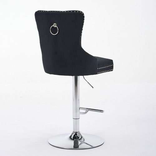 2 Set Velvet Barstools 25-33" Height Thick Chrome Swivel Pleating & Tufted Black - Picture 6 of 22