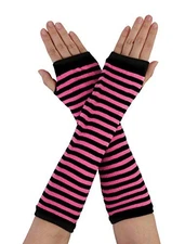  Women's Stripe Print Knitted Fingerless Thumb Hole One Size Black With Pink