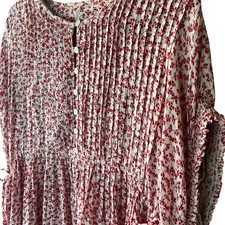 Free People Red Floral Smocked Pintuck Midi Dress Size S Pleat Button Up