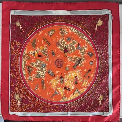 HERMES Petit Carre 45 World map Angel design Silk 100% Orange Red Square Scarf