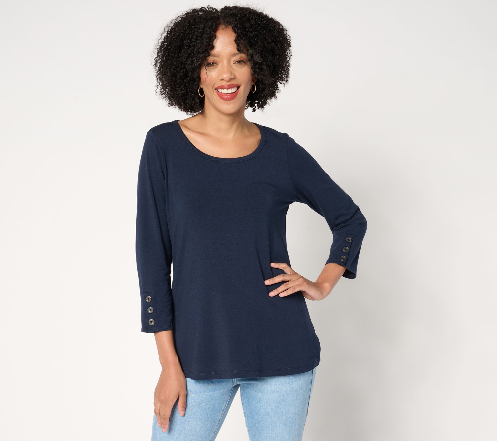 Susan Graver Women's Top Sz L Weekend Comfy Cotton -Slv Button Blue A654225