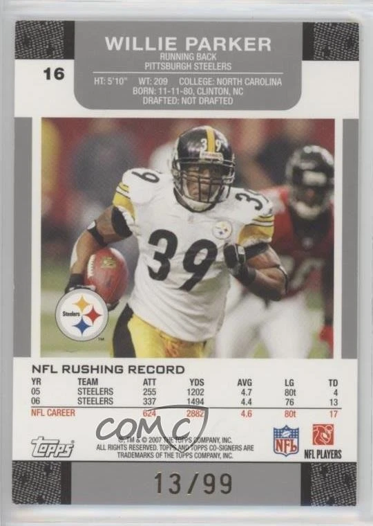 2007 Topps Co-Signers Blue Changing Faces Hyper Silver /99 Willie Parker #16 - Image 2 of 2