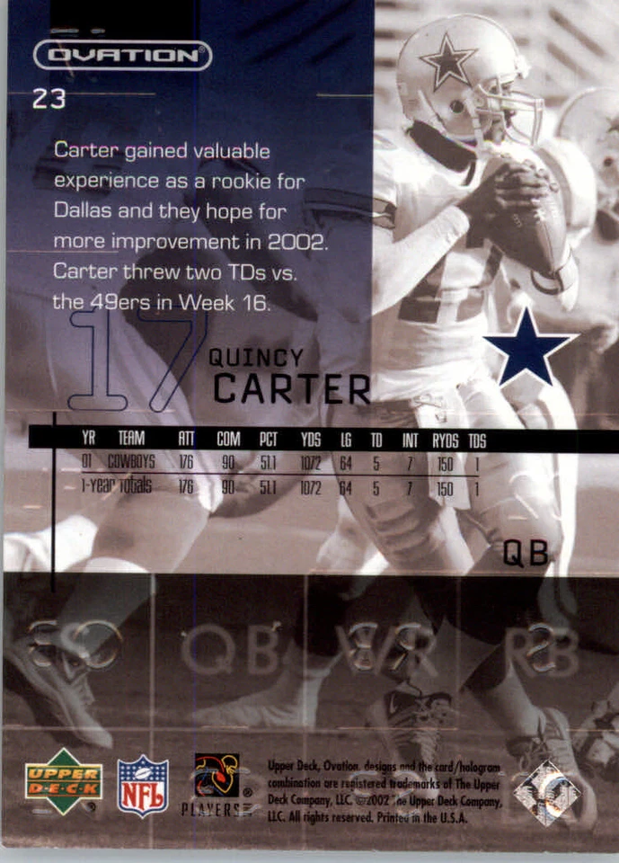 2002 Upper Deck Ovation #23 Quincy Carter - Dallas Cowboys - Image 2 of 2