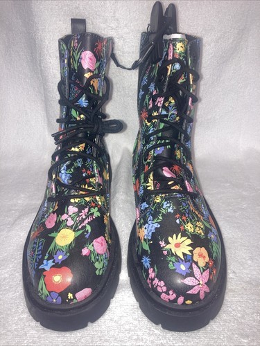 NO BOUNDARIES LADIES FLORAL DESIGN COMBAT BOOTS SHOES SIZE 11 BLACK LACE UP - 第 1/8 張圖片