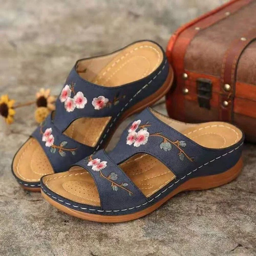 Womens Wedge Heel Slip On Sandals Flower Beach Ladies Walking Mules Shoes Summer - Picture 11 of 18