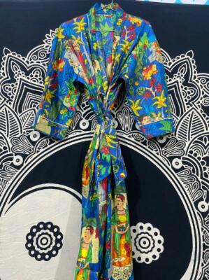 Indian Marineblau Frida Kahlo Kimono Baumwolle Nacht Kleidung Maxi Abendkleid US
