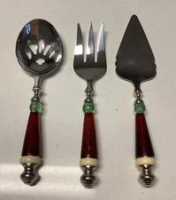 Three-Piece Serving Set Amber/Green Glass Handles (Cake/Fork/Slotted Spoon)